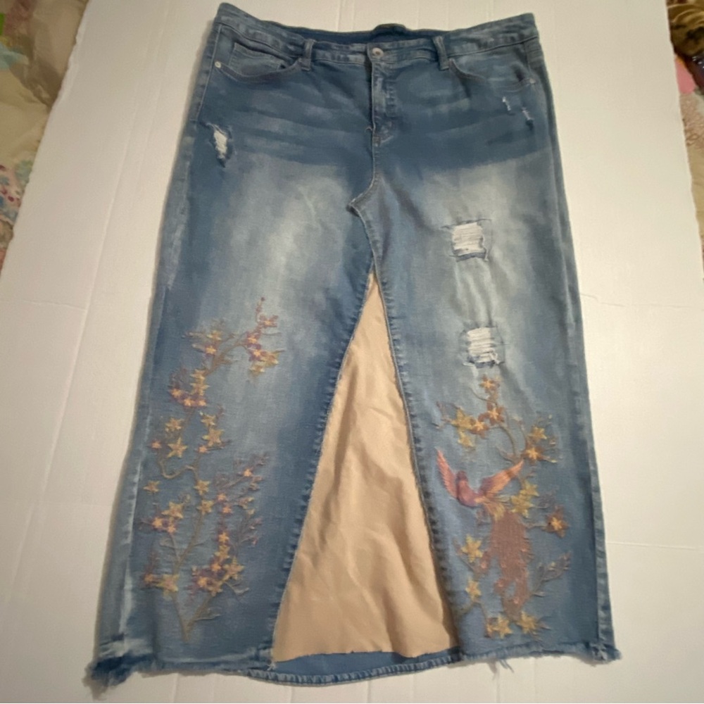Upcycled handmade Floral Embroidered Denim Maxi Skirt 18W